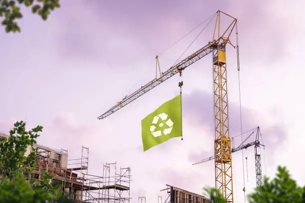 Photo of Construction site with a crane hoisting a green flag