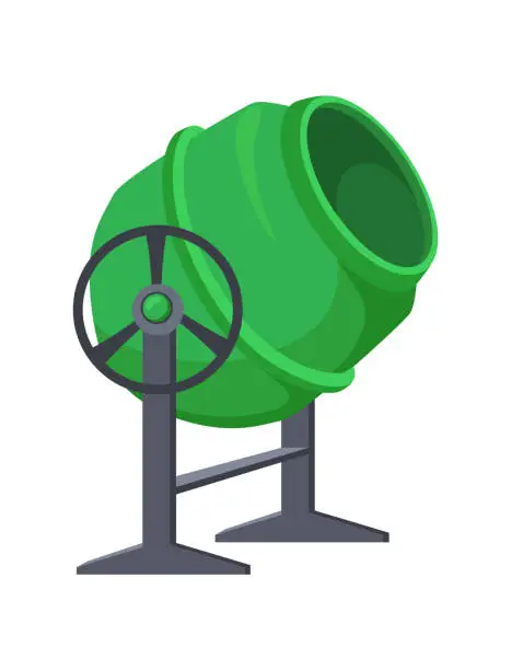 Vector illustration of Construction concrete mixer. Green tool mixing cement on wheels, industrial machine, cartoon flat vector icon illustration