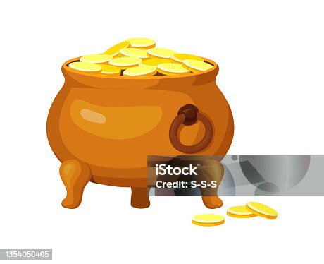 istock Cauldron treasure. Cartoon pot or kettle with golden coin or treasures for ui game, cartoon vector 1354050405