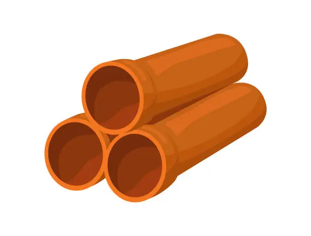 Vector illustration of Cartoon plastic pipes. Orange drain pipe, pvc tubes for repair canalisation, sewer tube, building materials, cartoon flat vector icon illustration