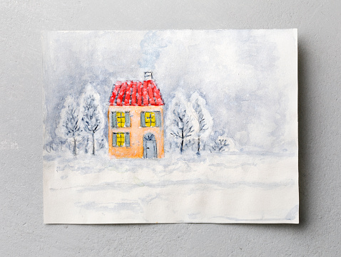 Painted little house and trees  with snow\nImportant notice: M y  o w n  a r t w o r k.\nThis is not a copy.Made exclusively for istock.