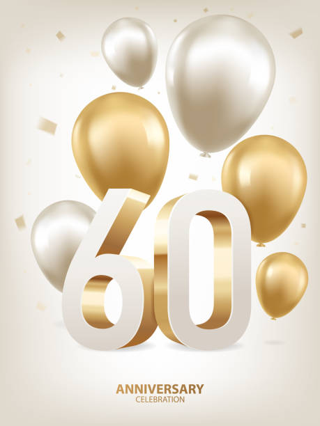 60th Year Anniversary Background 60th Year anniversary celebration background. Golden and silver balloons with confetti on white background with 3D numbers. number 60 stock illustrations