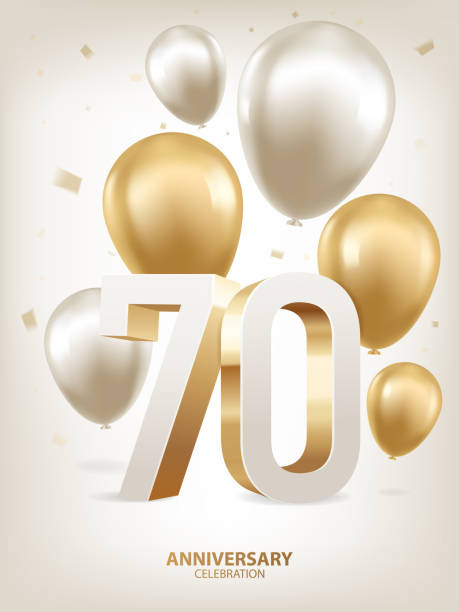 70th Year Anniversary Background 70th Year anniversary celebration background. Golden and silver balloons with confetti on white background with 3D numbers. 70th stock illustrations