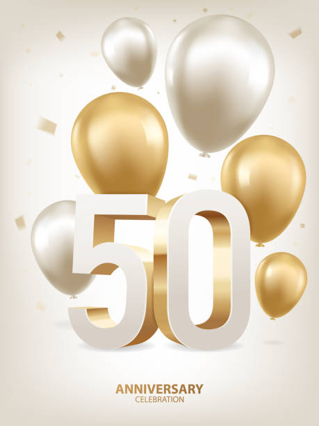 50th Year Anniversary Background 50th Year anniversary celebration background. Golden and silver balloons with confetti on white background with 3D numbers. number 50 stock illustrations