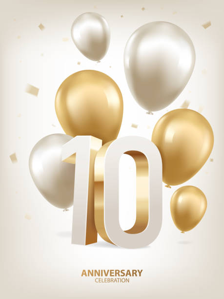 10th Year Anniversary Background 10th Year anniversary celebration background. Golden and silver balloons with confetti on white background with 3D numbers. 10 year anniversary celebration stock illustrations