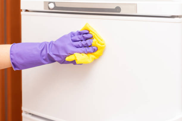 istock woman's hand wipes the white refrigerator door 1354056719