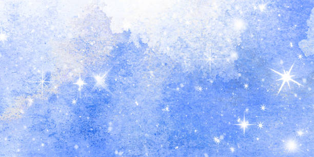 istock Winter snow watercolor background. White abstract texture. Blue sky with falling snow, snowflake 1354057097
