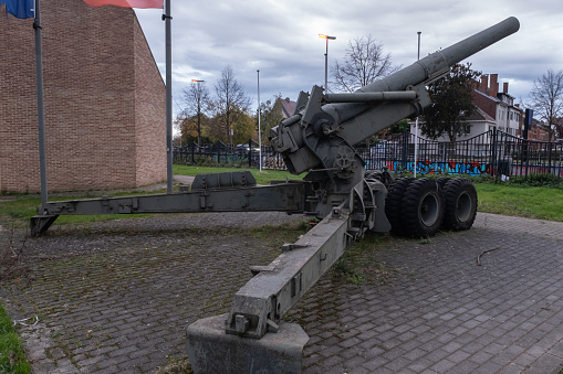 Hasselt, Belgium - October 29, 2021. American 203mm Howitzer M1A1 caliber 203 mm (8 inch). Limburg Province. Autumn rainy day. Selective focus