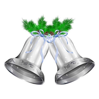 Christmas And New Years Silver Bells With Bows And Ribbons