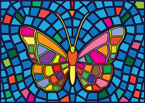 Butterfly Stained glass Mosaic blur background illustration vector Multicolored glass bright on blue background and colorful  Texture.
Is a mosaic glass that is used to decorate a picture of a window door. hoverfly stock illustrations