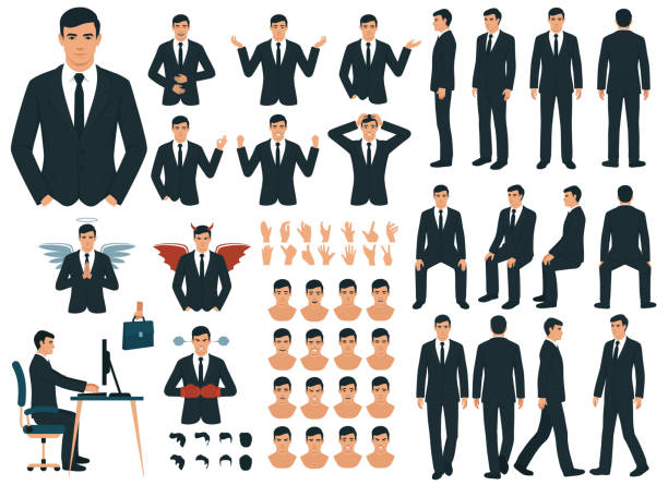 illustrazioni stock, clip art, cartoni animati e icone di tendenza di vector businessman carattere casual pose casual impostate in stile piatto. lunghezza intera, gesti, emozioni, vista frontale, laterale, posteriore. - tailleur