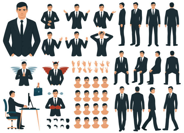 Vector businessman character casual poses set in flat style. Full length, gestures, emotions, front, side, back view. People character business set. Front, side, back view animated character. Standing Businessman character in shirt and pants face emotions, poses, gestures, walking, sitting .Cartoon style, flat isolated vector fictional character stock illustrations