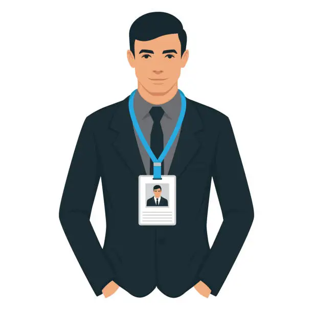 Vector illustration of employee wearing a badge. Personal information. Conference participant vector illustration