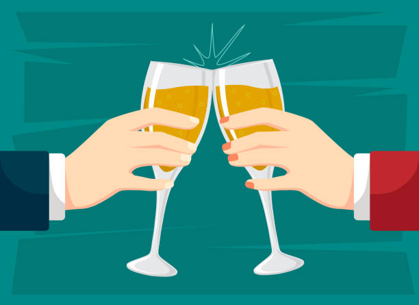 hands holding glasses of champagne. clink glasses with wine vector art illustration