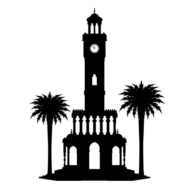 ilustrações, clipart, desenhos animados e ícones de torre do relógio de izmir e silhueta de palmeiras - izmir