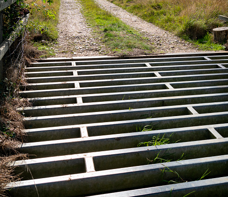 Part of a metal cattle grid on a country lane, to stop cattle from straying whilst allowing traffic to pass.