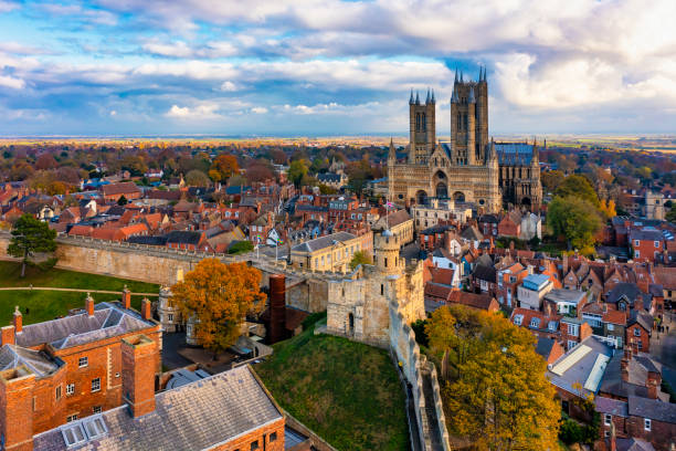 lincoln cathedral view from the castle, england (drone point of view) - church gothic style cathedral dark imagens e fotografias de stock