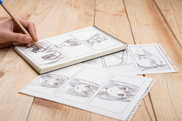 istock Artist drawing an anime comic book in a studio. 1354062423