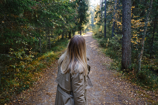 A woman traveler walks through the forest. Beautiful nature landscape in woods. Hiking journey on tourist trail. Outdoor adventure. Travel and exploration. Healthy lifestyle, leisure activities