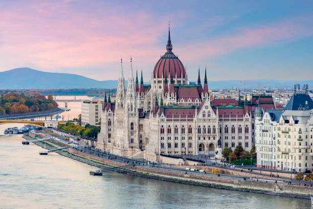 istock Hungarian parliament and Danube river at sunset, Budapest, Hungary 1354069873