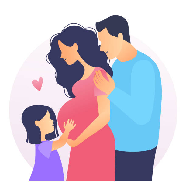 Dad, daughter and pregnant mother.  Child hugs belly of pregnant mother. Happy young family. Dad, daughter and pregnant mother.  Child hugs belly of pregnant mother. Vector illustrations family planning together stock illustrations