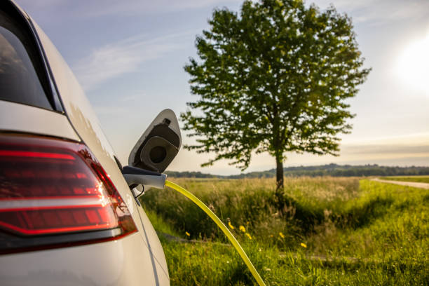 charging an electric car on green field in the nature - fuel efficiency imagens e fotografias de stock