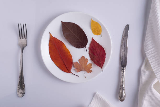 istock creative autumn concept canteen table setting autumn leaves on a plate on a white background 1354071732