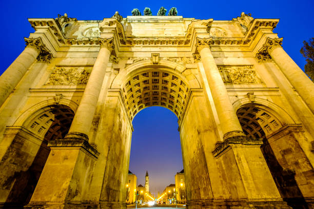 historic Arc de Triomphe in Munich - Bavaria historic Triumphbogen in Munich - Bavaria - night siegestor stock pictures, royalty-free photos & images
