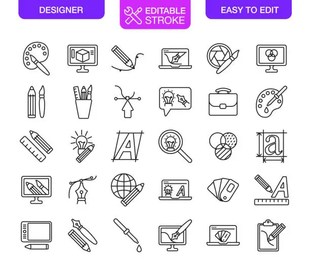 Vector illustration of Designer Icons Set Editable Stroke