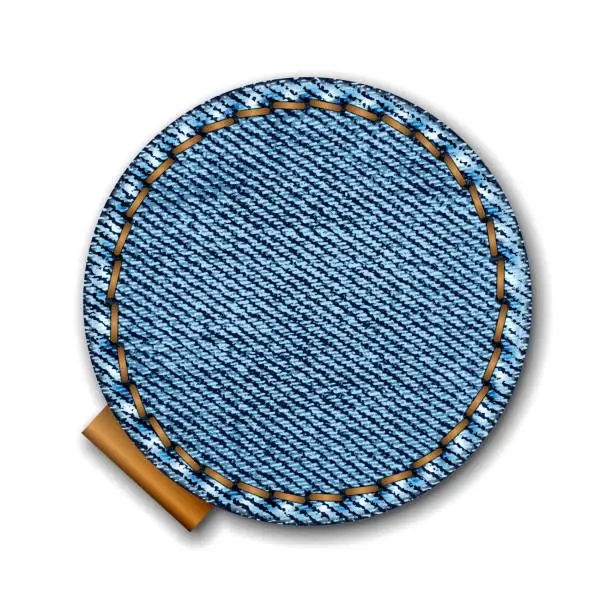 Vector illustration of Denim circle shape with stitches. Jeans patch with seam.