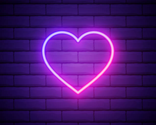 istock Modern Neon Purple Glowing Heart Banner on Dark Empty Grunge Brick Background. Vector Vintage Violet Heart Sign. Retro Neon Valentines Day Symbol 1354075313