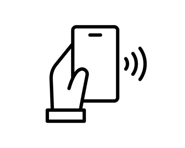 Vector illustration of NFC technology vector icon. Hand holding Phone, Smartphone, wawe simple line outline sign. Near Field Communication nfc payment concept. Flat design isolated on white.