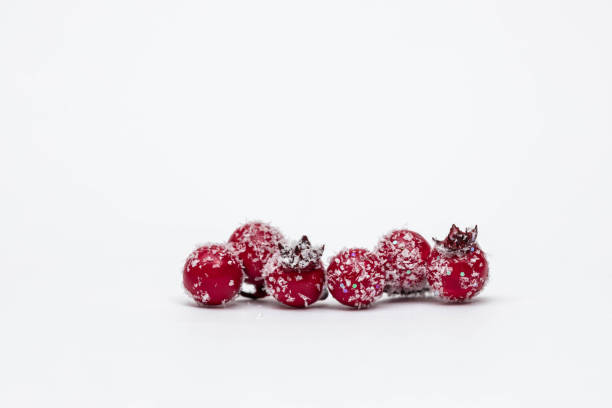 Minimalistic Christmas Concept,Red Christmas Berries Decoration With Sparkles And Snow On It Isolated On White Background,Selective Focus