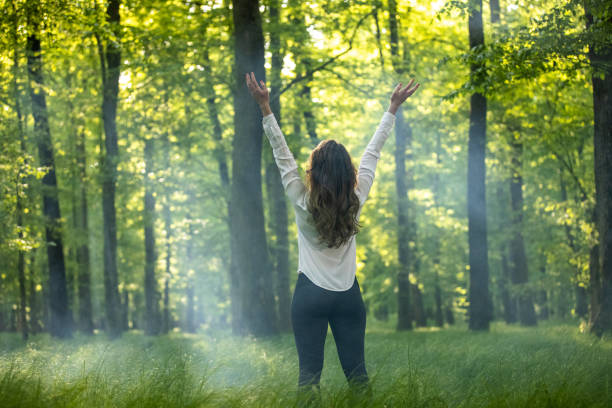 istock Rear view of woman standing in forest 1354077647