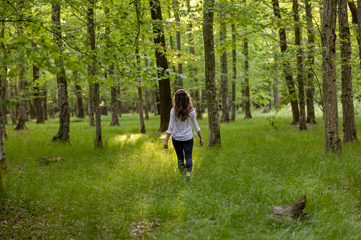 Rear view of woman walking on grass in forest