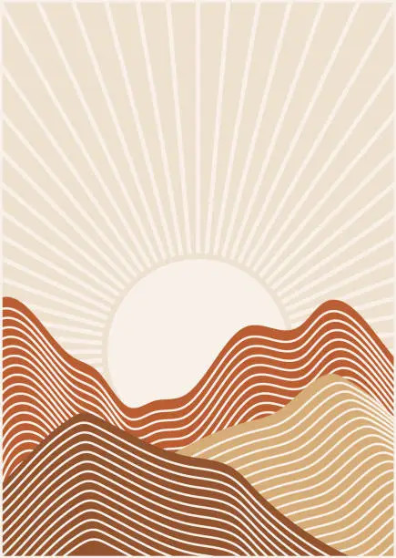 Vector illustration of Abstract lined background with sunrise landscape. Earth tones, terracotta colors. Boho wall decor. Mid century modern minimalist art print