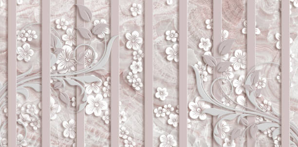 istock 3d wallpaper, white flowers, pale pink marble background, vertical stripes 1354079849
