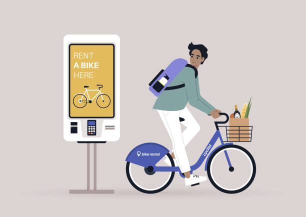 illustrations, cliparts, dessins animés et icônes de jeune personnage caucasien de location de vélo de ville, un écran numérique de location de location en libre-service - location vélo