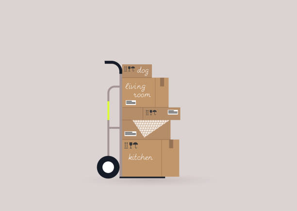 A moving out scene, a cart with a stack of cardboard boxes on it A moving out scene, a cart with a stack of cardboard boxes on it belongings stock illustrations