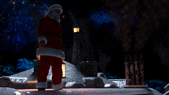 Santa Claus walking on the rooftop and chimneys at the Christmas night with moonlight - 3d rendering