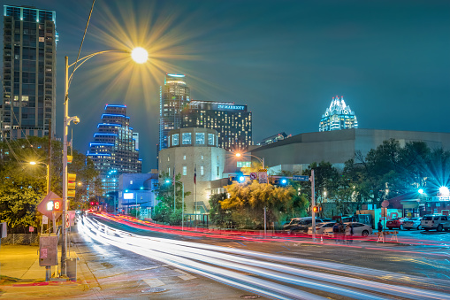 Long exposure of traffic in downtown Austin, Texas, USA at night.