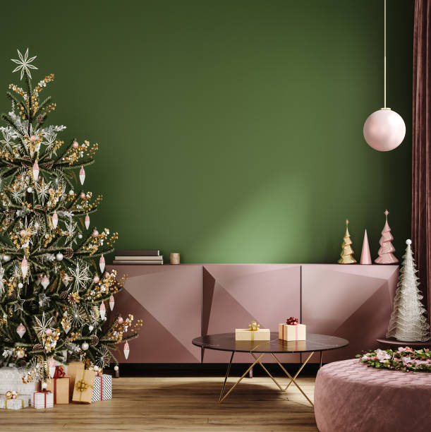 クリスマス用に飾られた緑の部屋、壁のモックアップ - business travel luxury indoors plant ストックフォトと画像