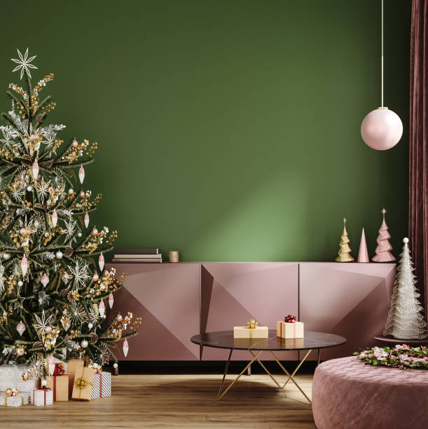 istock Green room decorated for Christmas, wall mockup 1354082534