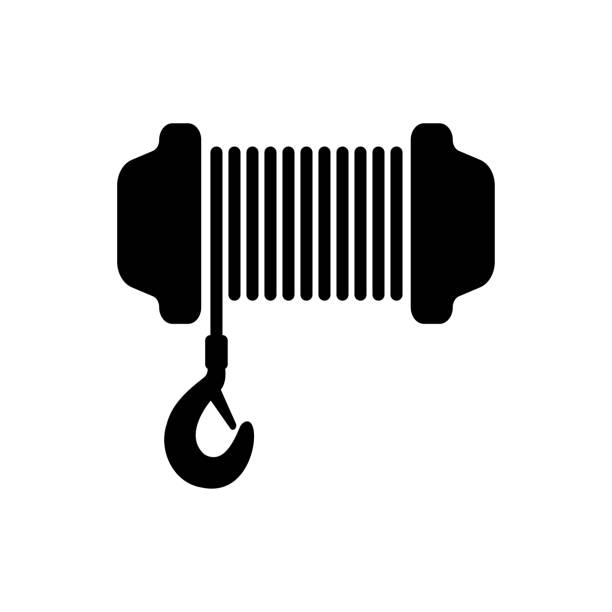 Winch icon. Black silhouette. Front view. Vector simple flat graphic illustration. The isolated object on a white background. Isolate. Winch icon. Black silhouette. Front view. Vector simple flat graphic illustration. The isolated object on a white background. Isolate. hook equipment illustrations stock illustrations