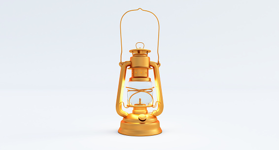 golden kerosene lamp isolated on white background, Vintage gold lantern.