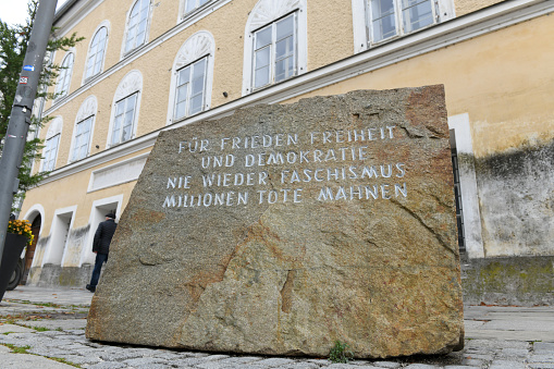 Memorial in front of the house where Hitler was born in Braunau am Inn, Austria, Europe