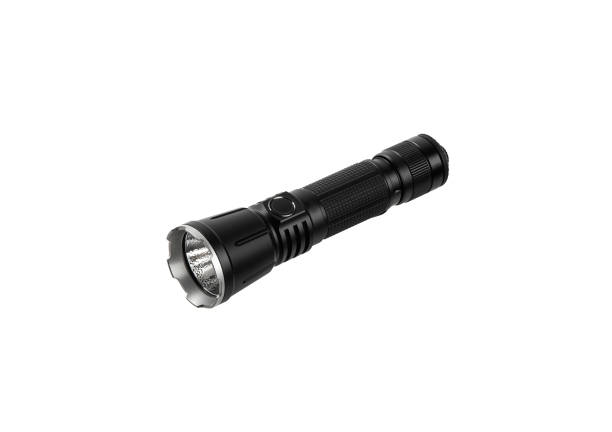 moderna torcia a led in metallo nero isolata su sfondo bianco - tactical flashlight foto e immagini stock