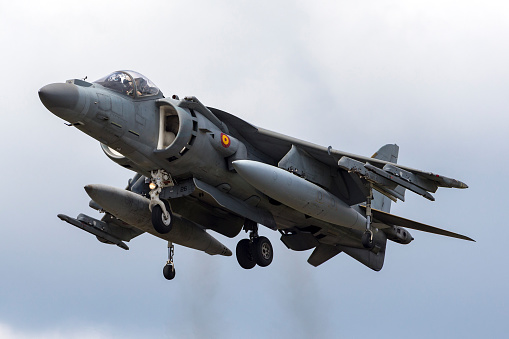 Farnborough, UK - July 21, 2014: Spanish Navy McDonnell Douglas EAV-8B Harrier jump jet aircraft on approach to land at Farnborough Airport.