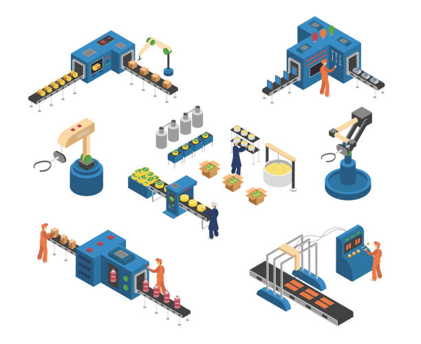 Industrial Robots and Manufacturing Isometric Industrial robots and manufacturing. Isometric vector illustration. conveyor belt stock illustrations