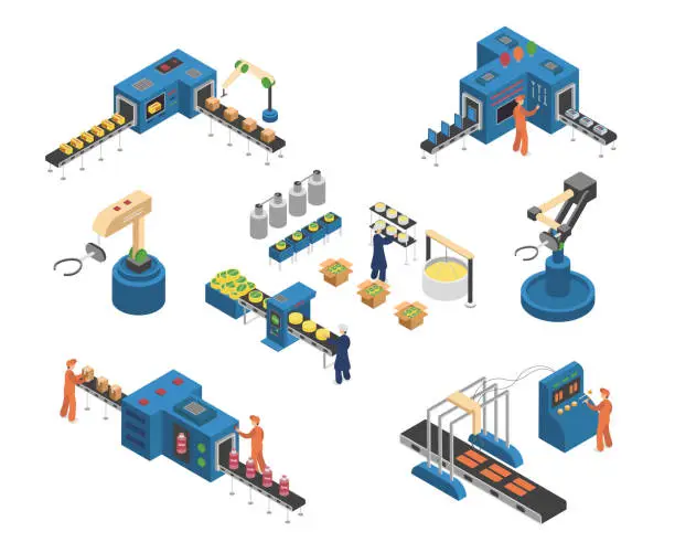 Vector illustration of Industrial Robots and Manufacturing Isometric